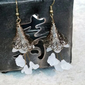 Edgy Shades of White Matte Lucite Flowers Bronze Filigree Victorian Earrings